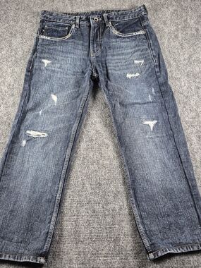 American Eagle Mens 34x25 Relaxed Straight Jeans Distressed Stretch Blue Denim